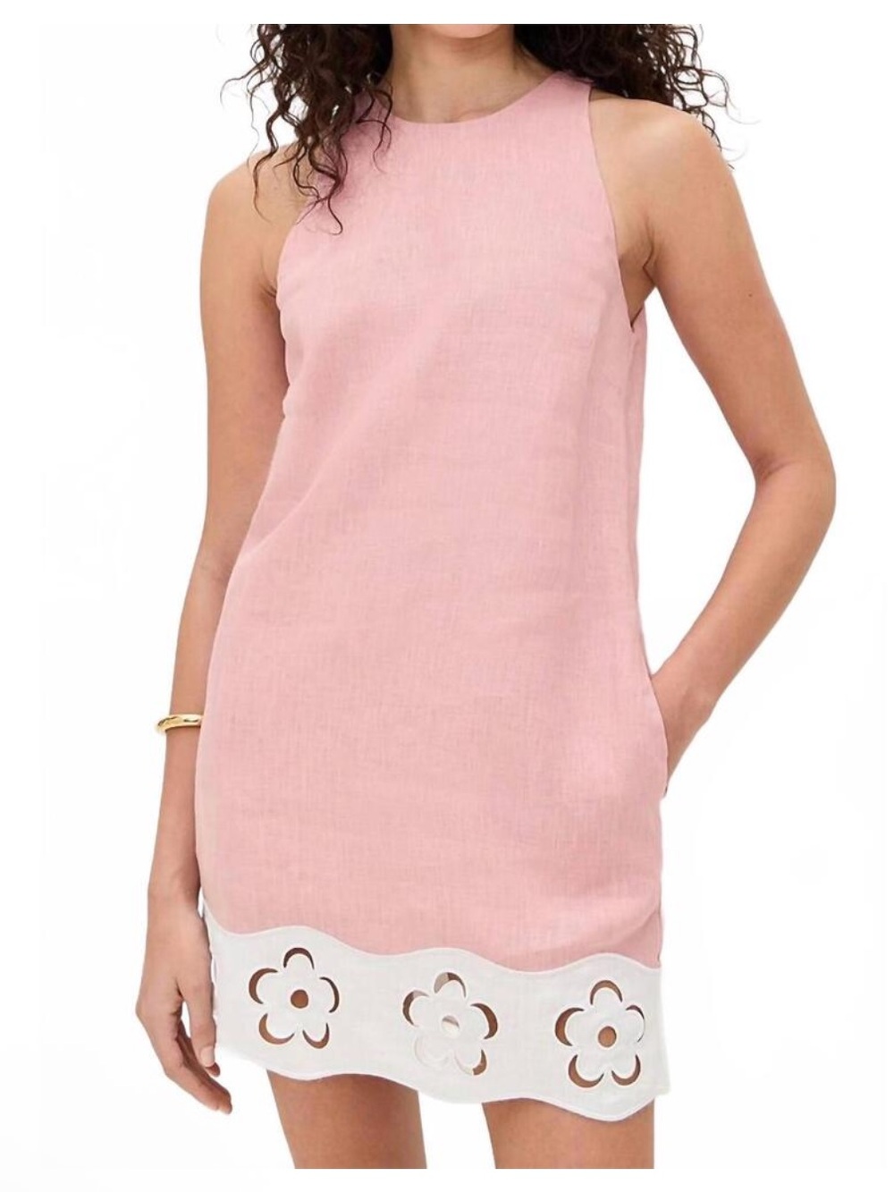 STAUD Mika Linen Mini Dress with White Floral Cutout Hem